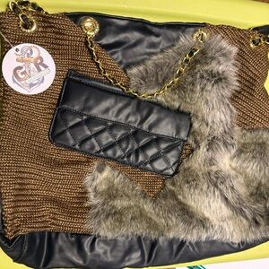 Chic Black and Brown Shoulder Bag with Gold Chain